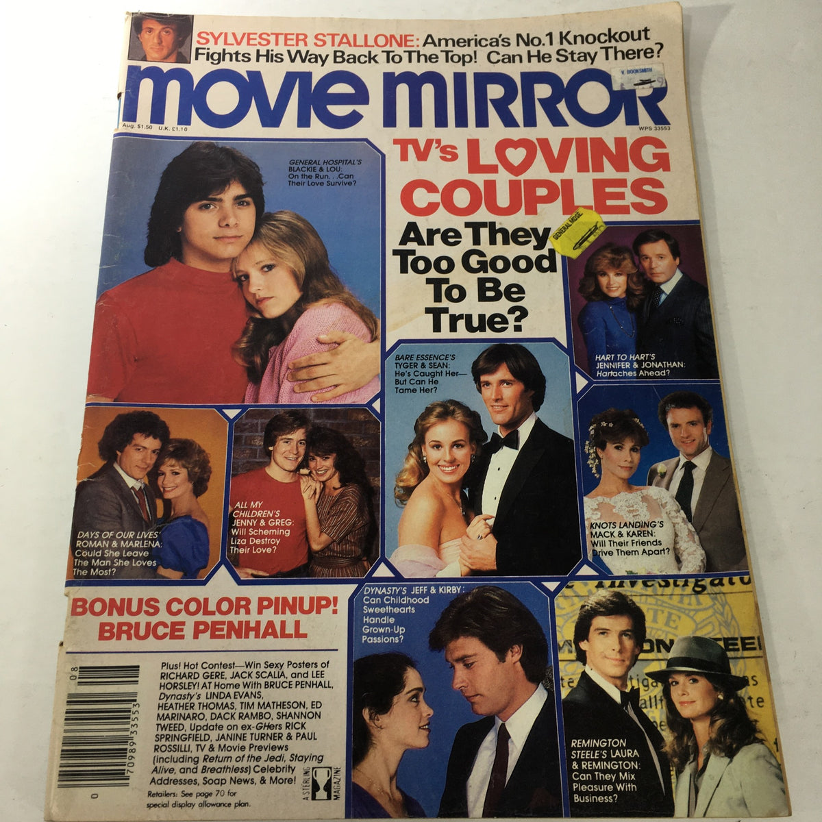Cover of VTG Movie Mirror Magazine from August 1983 featuring TV's Loving Couples, including Blackie & Lou and Jennifer & Jonathan. The cover highlights various romantic pairings and includes a bonus color pinup of Bruce Penhall.