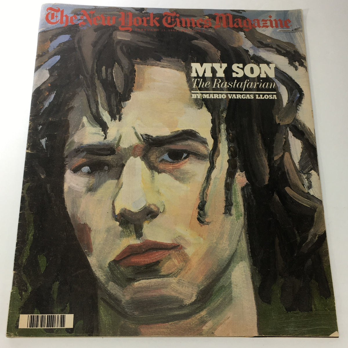 Cover of The New York Times Magazine dated February 16, 1986, featuring the article 'My Son The Rastafarian' by Mario Vargas Llosa, showcasing a striking artistic portrait that reflects cultural themes.