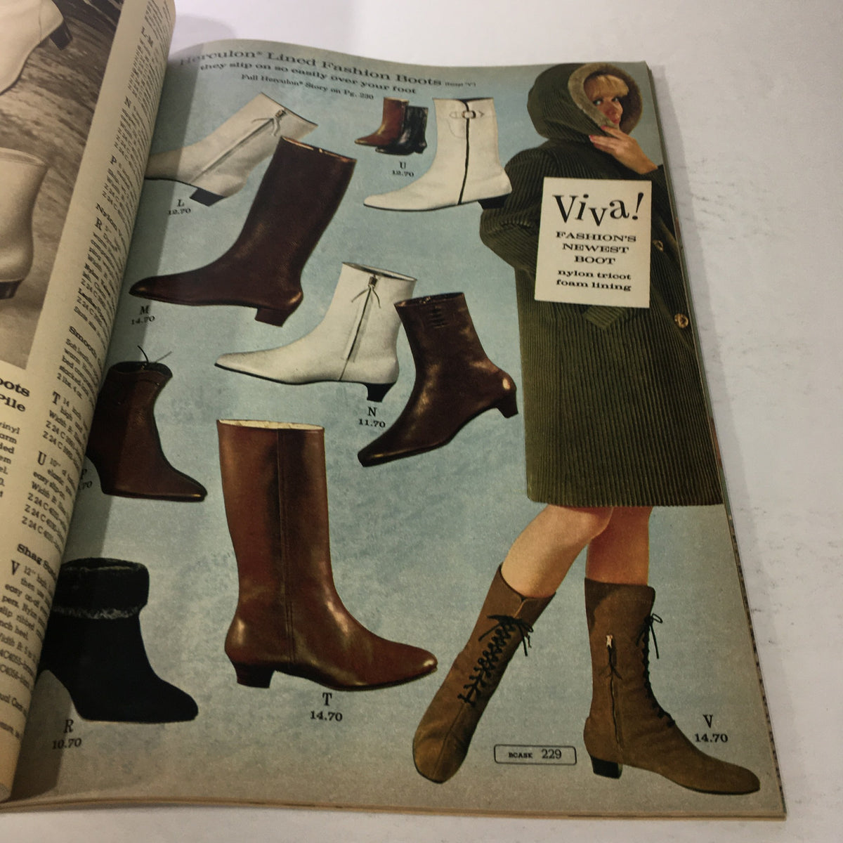VTG Montgomery Ward catalog: Fall & Winter 1966 - Winter Coat Collection displaying various styles of fashion boots alongside a model in a green coat, capturing 1960s footwear trends.
