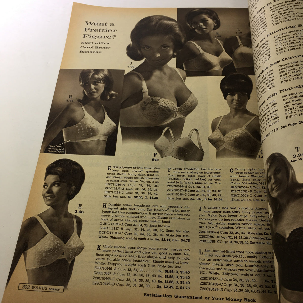 VTG Montgomery Ward catalog: Fall & Winter 1966 - Winter Coat Collection featuring a selection of women's bras including bandeau styles, embodying vintage lingerie fashion.