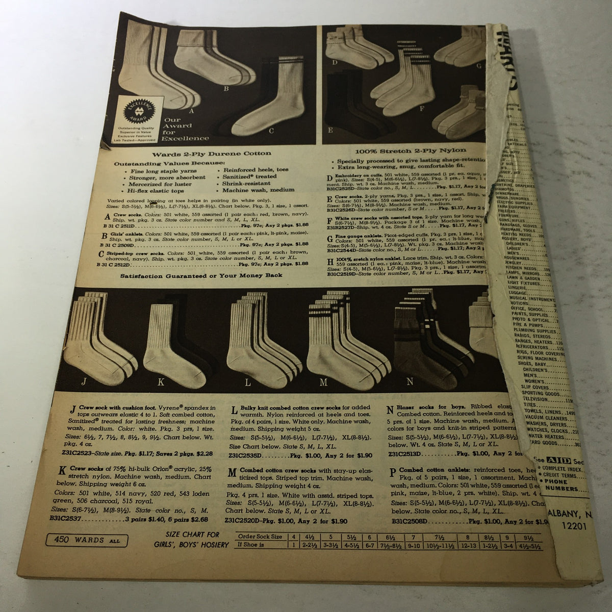 VTG Montgomery Ward catalog: Fall & Winter 1966 - Winter Coat Collection highlighting a variety of socks styles and descriptions, capturing vintage hosiery fashion trends.
