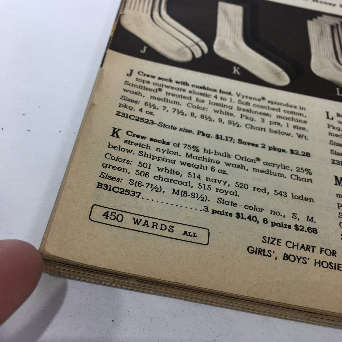 Page from VTG Montgomery Ward catalog: Fall & Winter 1966 featuring crew socks descriptions, sizes, and prices including the note '450 WARDS' for various nylon and acrylic sock options.