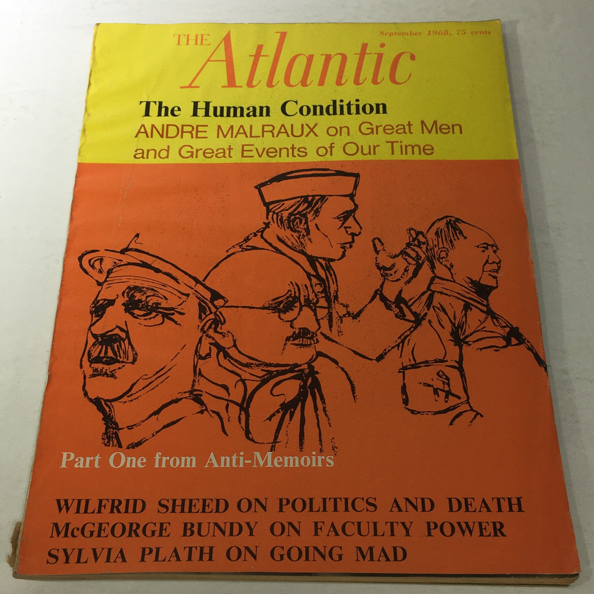Cover of VTG The Atlantic Magazine: September 1968, featuring illustrations related to politics and death, highlighting Wilfrid Sheed's article and topics like 'The Human Condition', 'Anti-Memoirs', and other notable essays.