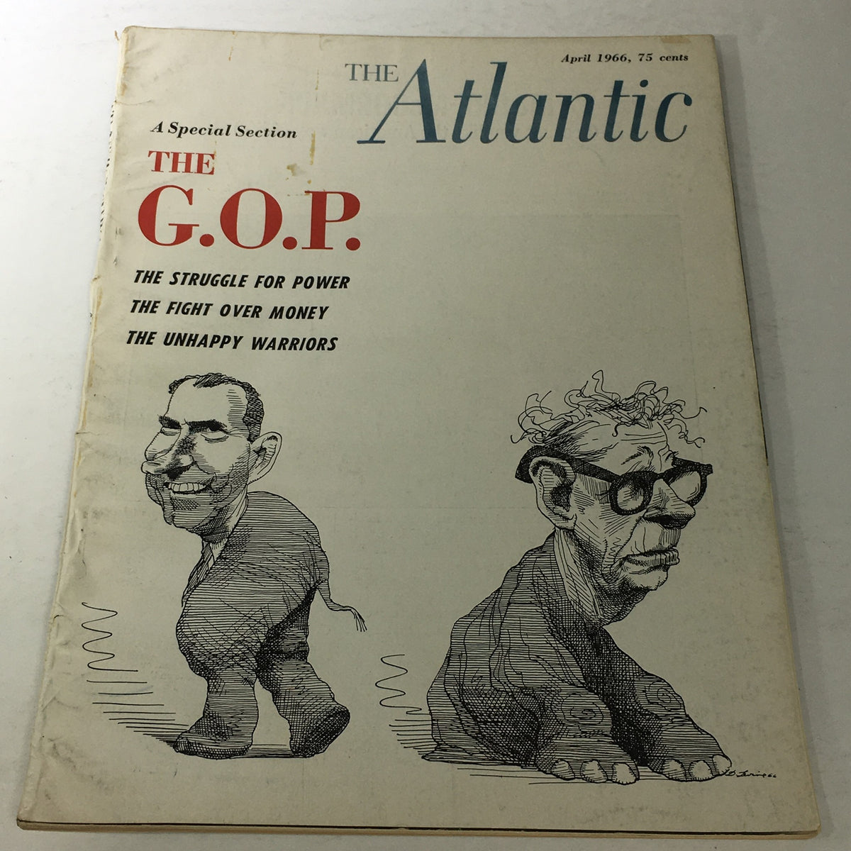 Vintage April 1966 edition of The Atlantic Magazine featuring a special section titled 'The G.O.P.' showcasing caricatures reflecting the political landscape of the era.