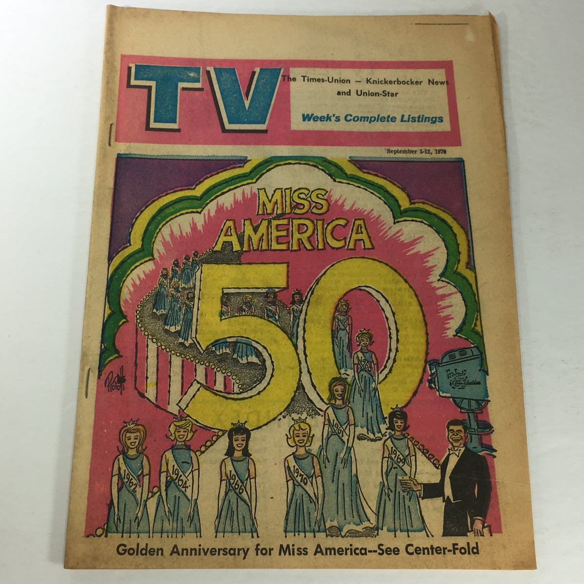 Cover of 'VTG TV The Knickerbocker News: September 5-12, 1970 - 50 Years For Miss America', featuring colorful illustration of beauty queens and the number 50, celebrating the anniversary of the Miss America pageant.