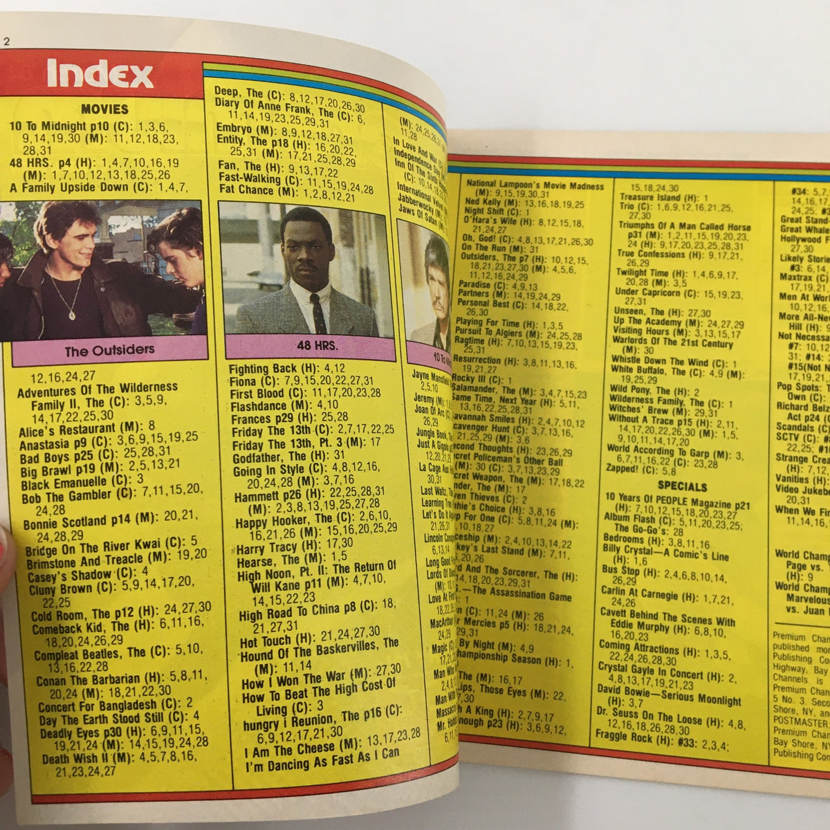 Index page from the VTG Premium Channels Mini Magazine featuring March 1984 and showcasing the movie 48 Hrs starring Eddie Murphy, highlighting various film listings.