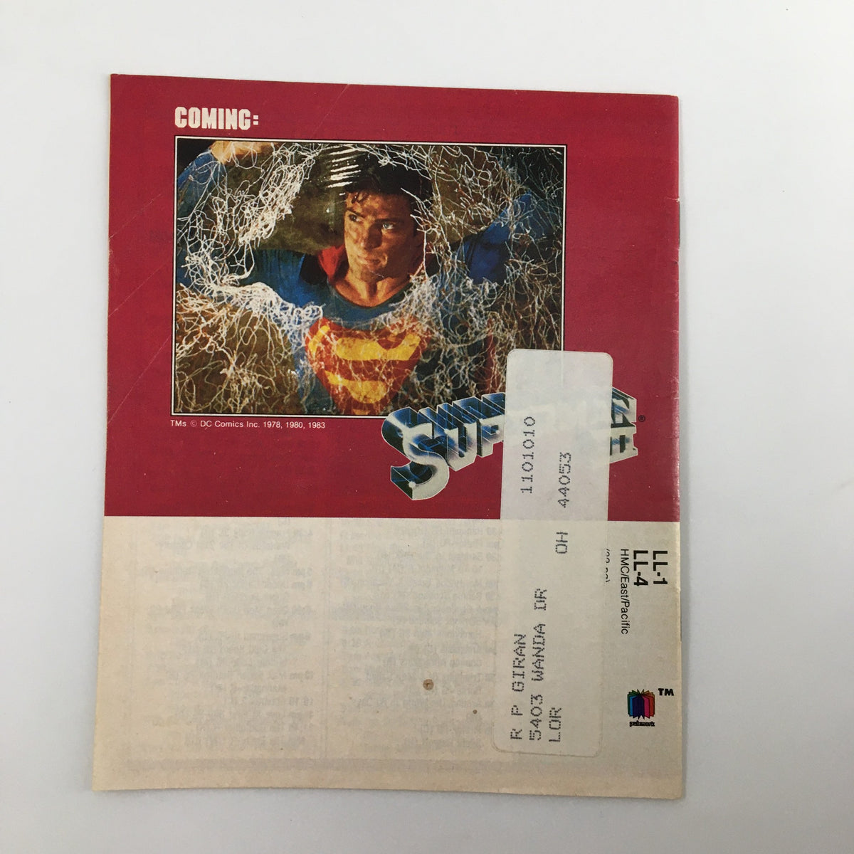 Back cover of the VTG Premium Channels Mini Magazine, March 1984 edition, with a depiction of Superman, featuring vintage graphics and a shipping label.