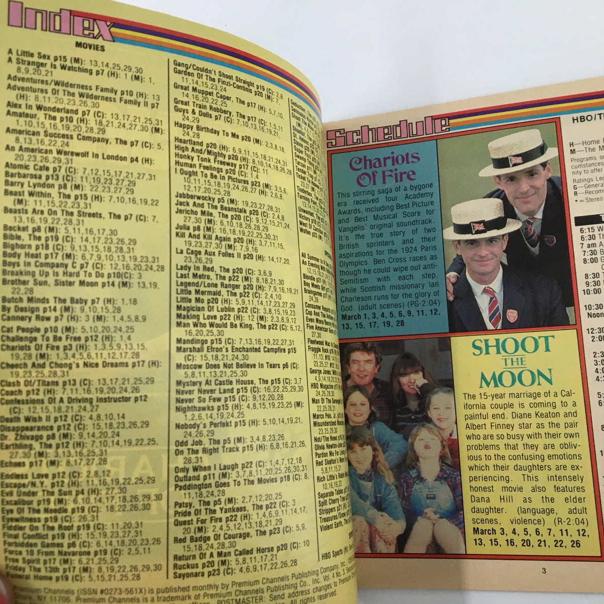 Inside page of Premium Channels Mini Magazine March 1983, showcasing an index and schedule, including films like 'Chariots of Fire' and 'Shoot the Moon'.
