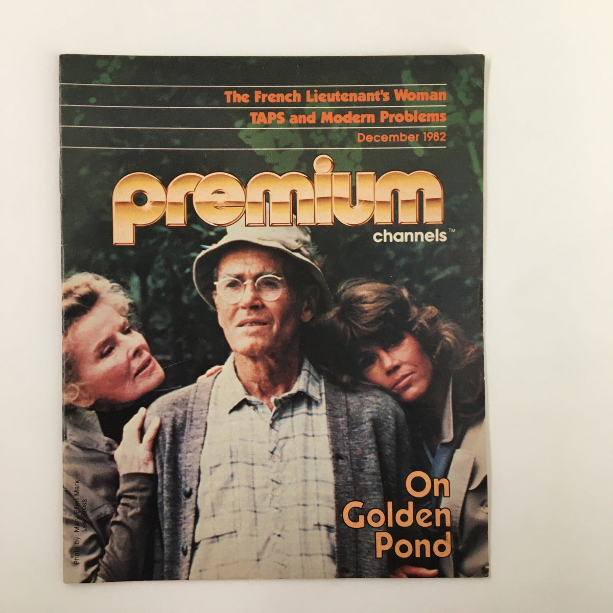 Cover of the VTG Premium Channels Mini Magazine from December 1982 featuring The French Lieutenant's Woman, showcasing the movie On Golden Pond. Vintage magazine design with prominent title and images of characters.