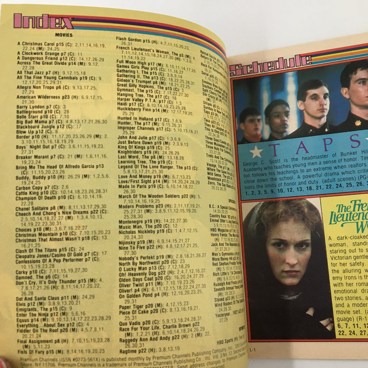 Inside page of the VTG Premium Channels Mini Magazine December 1982, displaying the movie index including The French Lieutenant's Woman and Taps. Bright yellow layout highlighting classic films.