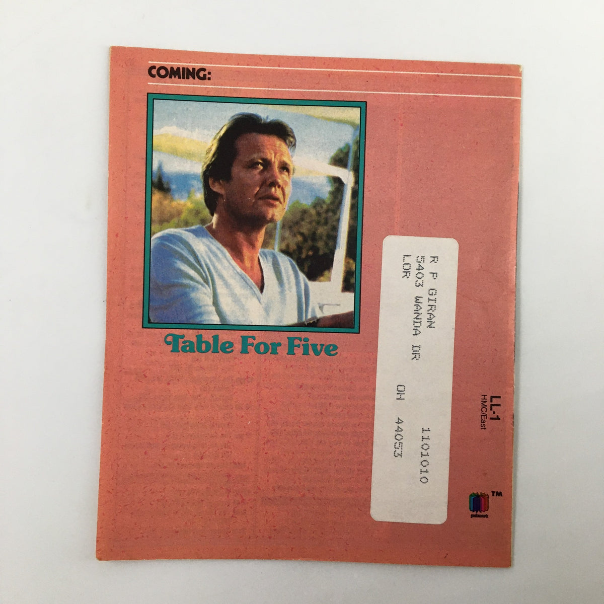 Back cover of the VTG Premium Channels Mini Magazine November 1983 showcasing an upcoming film 'Table For Five' with an image of a male actor.