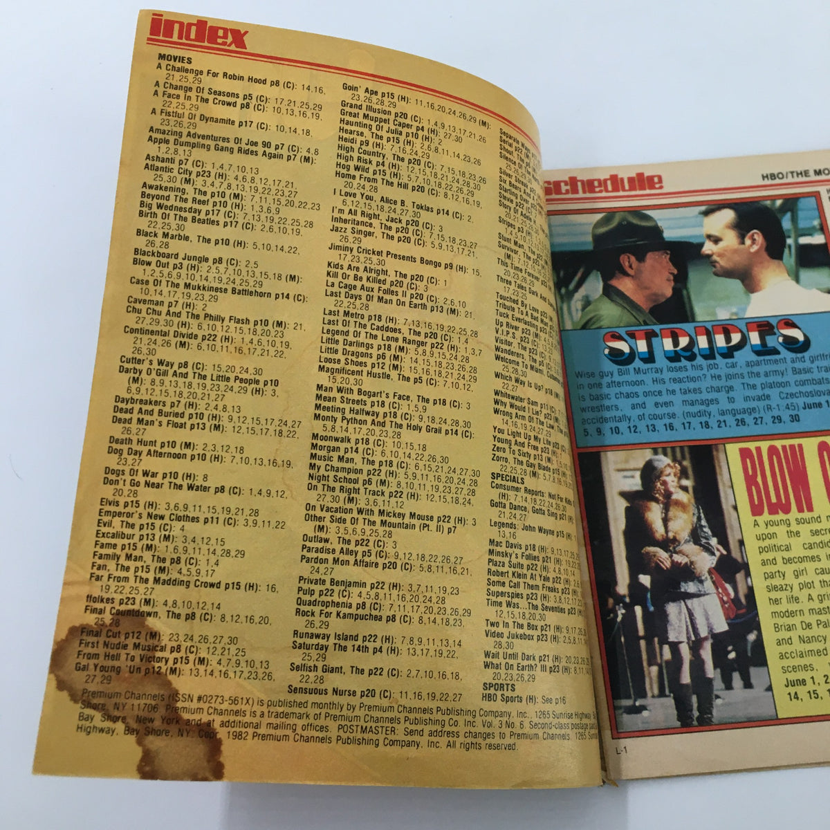 Page from VTG Premium Channels Mini Magazine June 1982 featuring Bill Murray in Stripes, showing an index and movie schedule of the era.