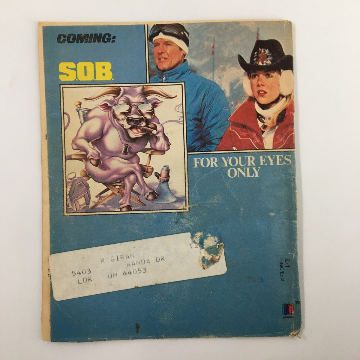 Cover of vintage magazine featuring the title "Coming: SOB" alongside images of two actors, connected to the VTG Premium Channels Mini Magazine June 1982 with Bill Murray.