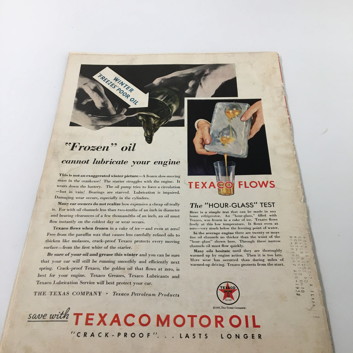 Back cover of Vintage Time Magazine December 21, 1931, Vol. 18 No. 25 displaying an advertisement for Texaco motor oil with a visual showing oil pouring.