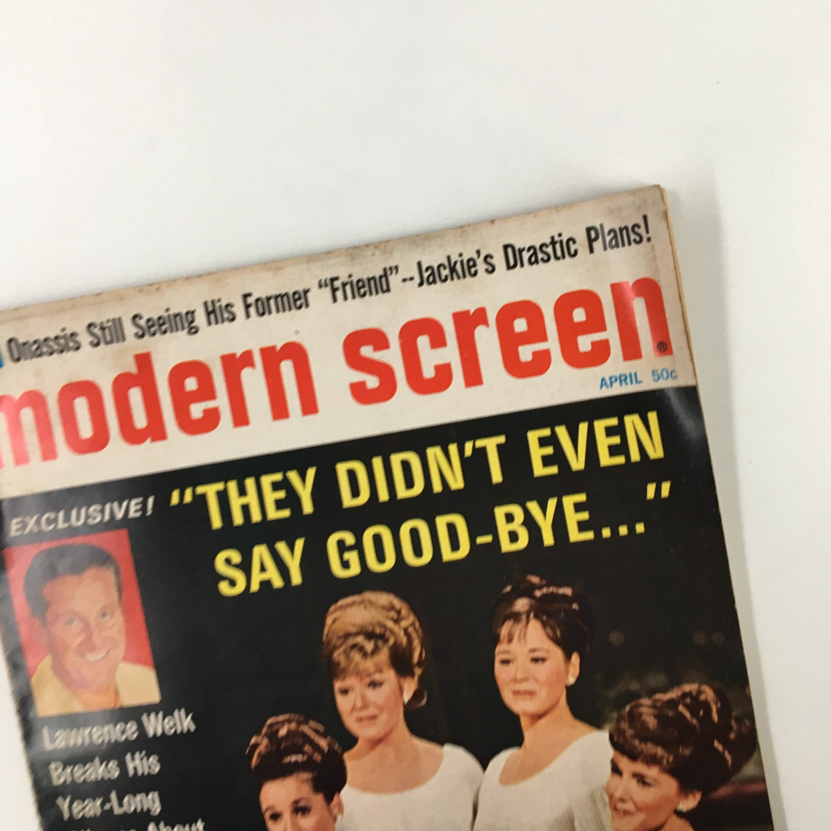 Cover of VTG Modern Screen Magazine, April 1969 featuring headlines about Lawrence Welk and The Lennon Sisters with vibrant colors and vintage style.