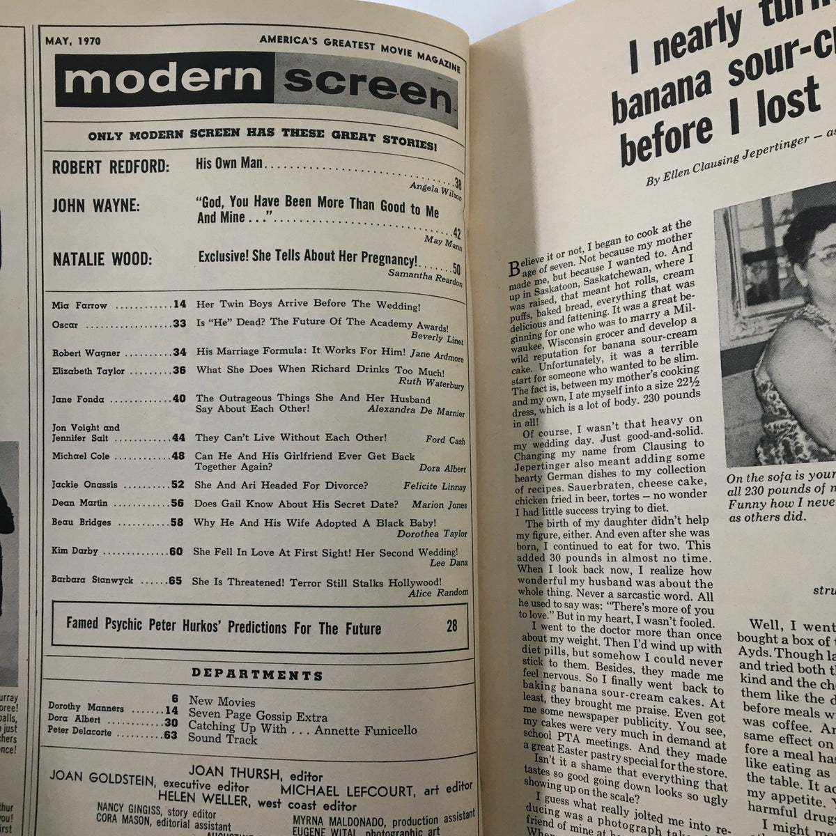 Interior page of the May 1970 Modern Screen Magazine showcasing articles, including features on Robert Redford, John Wayne, and a section regarding Jackie Onassis.