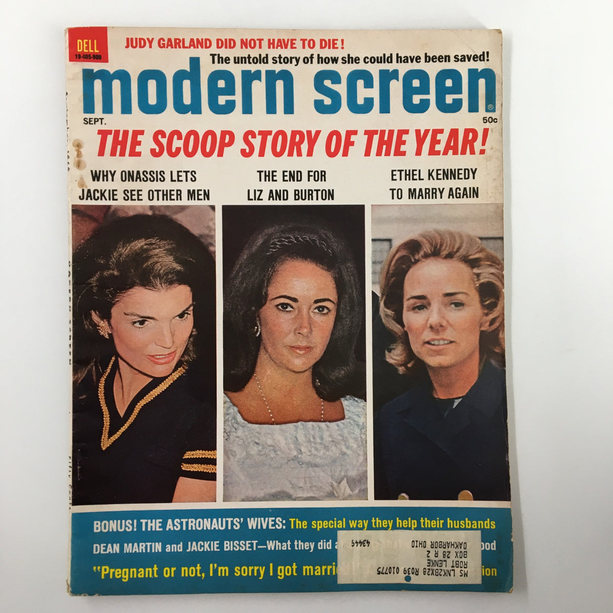 Cover of the September 1969 issue of Modern Screen Magazine featuring Jackie Onassis, Elizabeth Taylor, and Ethel Kennedy - a vintage collectible showcasing celebrity culture of the 1960s.