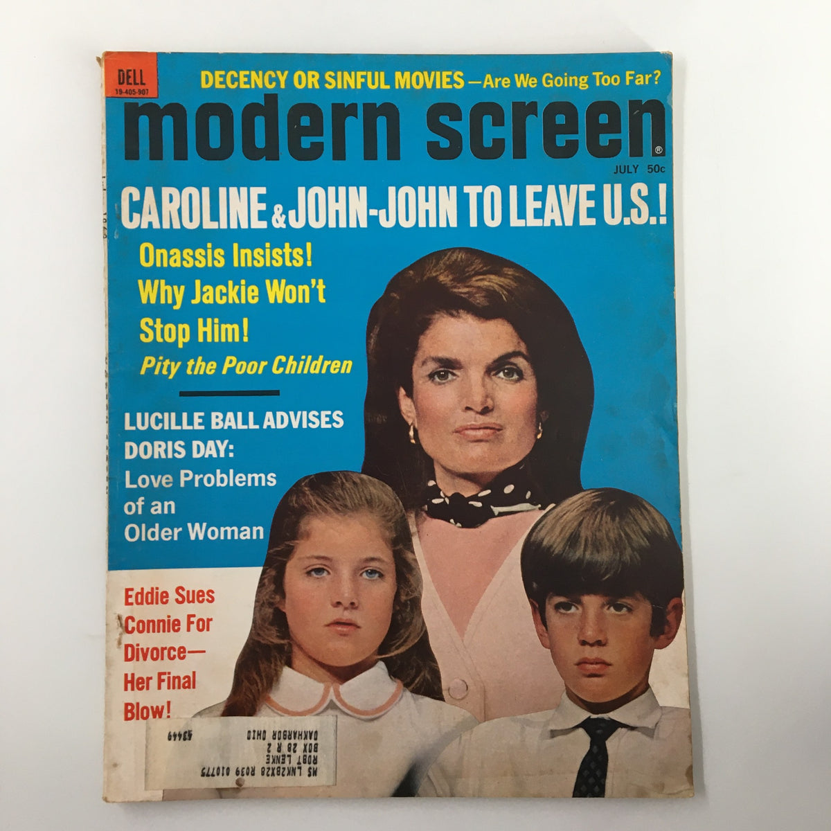VTG Modern Screen Magazine July 1969 featuring Jackie Kennedy on the cover with children Caroline and John F. Kennedy, highlighting family and American history.