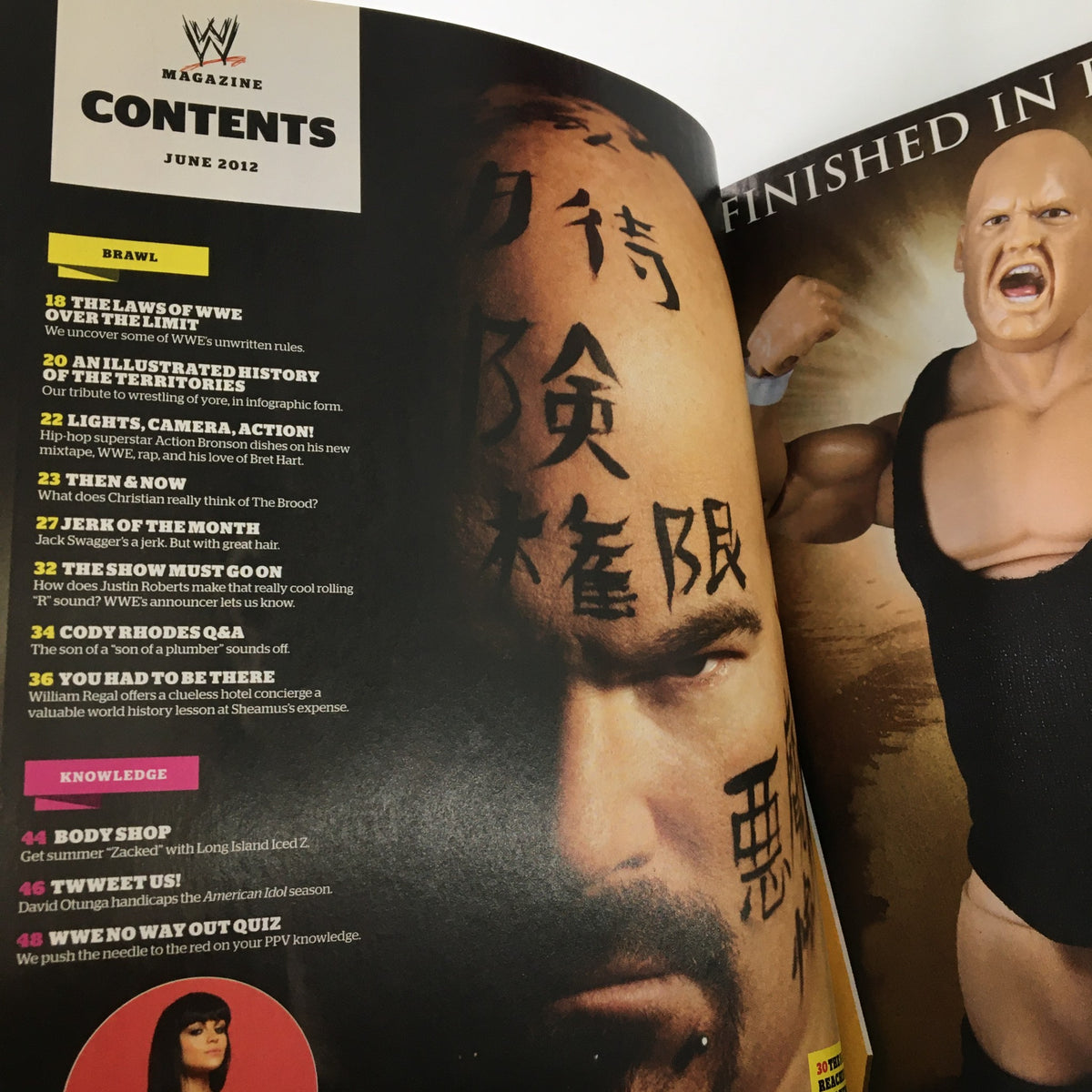 Inside page of WWE Magazine June 2012 showcasing the contents, including topics like the toughest superstars and a feature on the history of WWE. This issue is part of the 'Power Issue' highlighting key wrestling narratives.