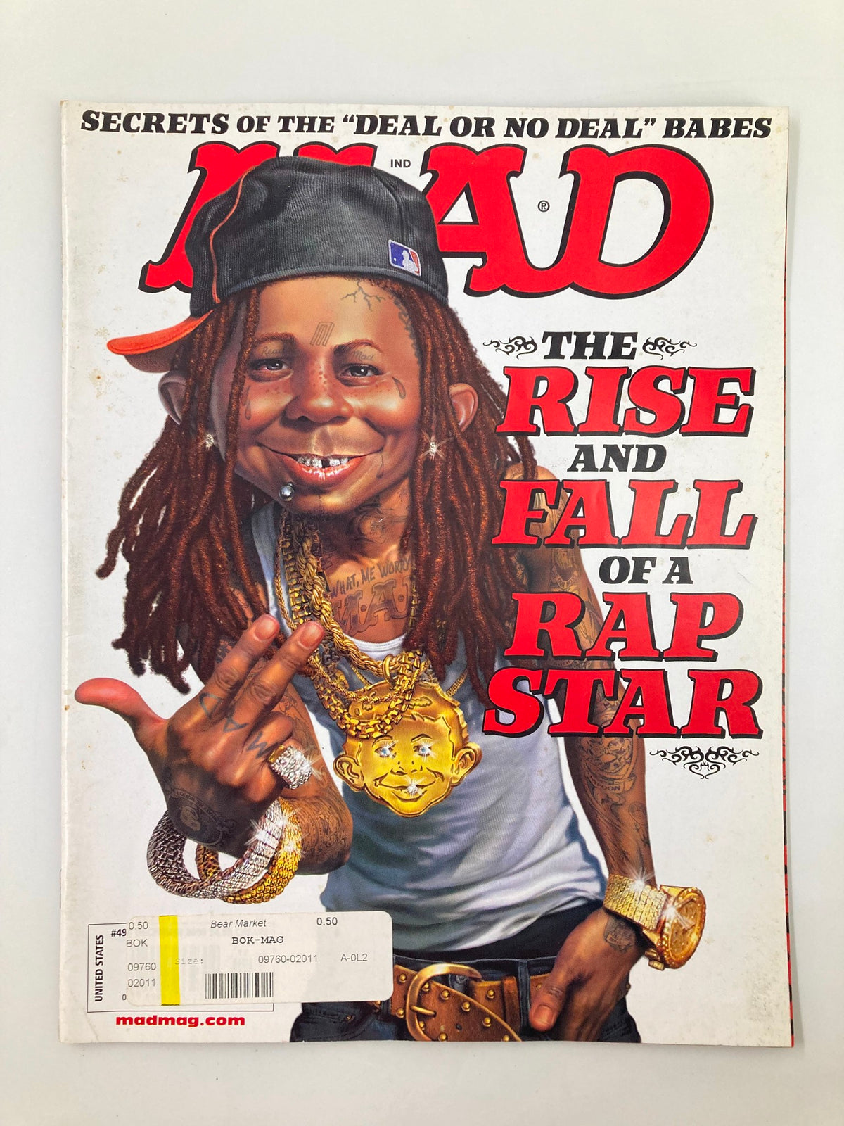 Cover of Mad Magazine December 2008 #496 featuring Lil Wayne, titled 'The Rise and Fall of a Rap Star', showcasing a cartoon version of the rapper with humorous elements.