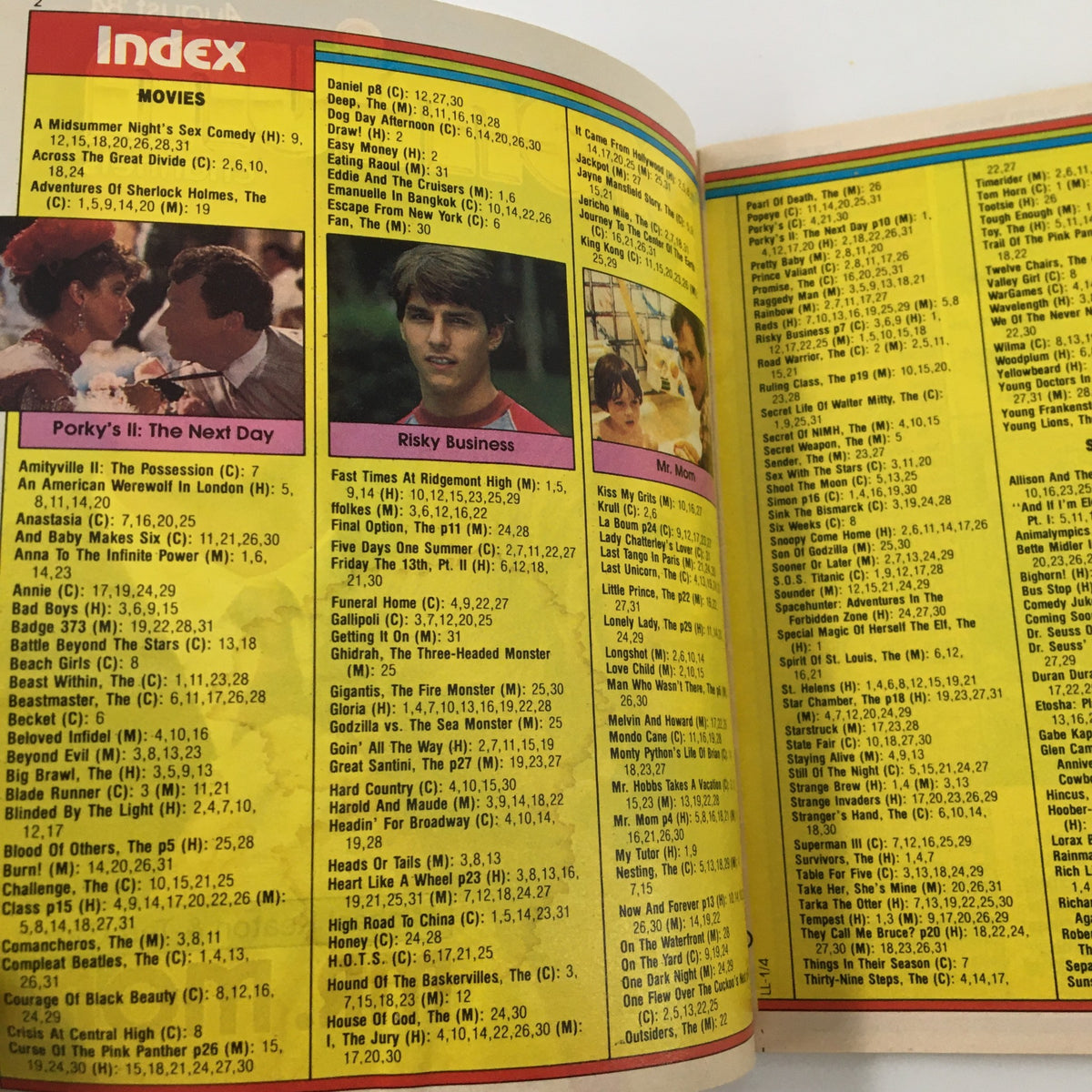 Interior page of the Premium Channels Mini Magazine August 1984 showing the movie index, including titles like Risky Business and Mr. Mom.