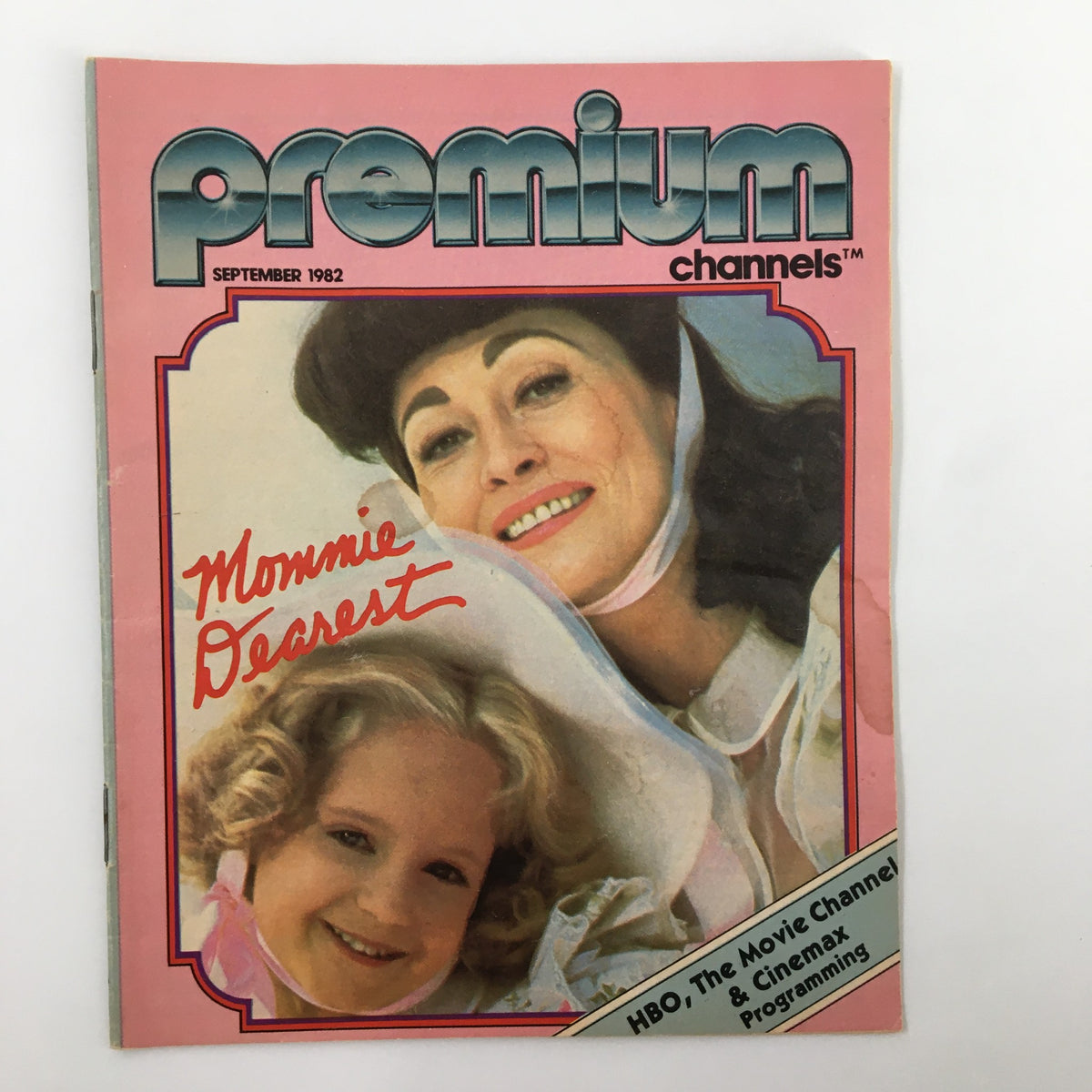 VTG Premium Channels Mini Magazine September 1982 featuring Faye Dunaway on the cover, celebrating her role in Mommie Dearest. Vintage Hollywood collectible.