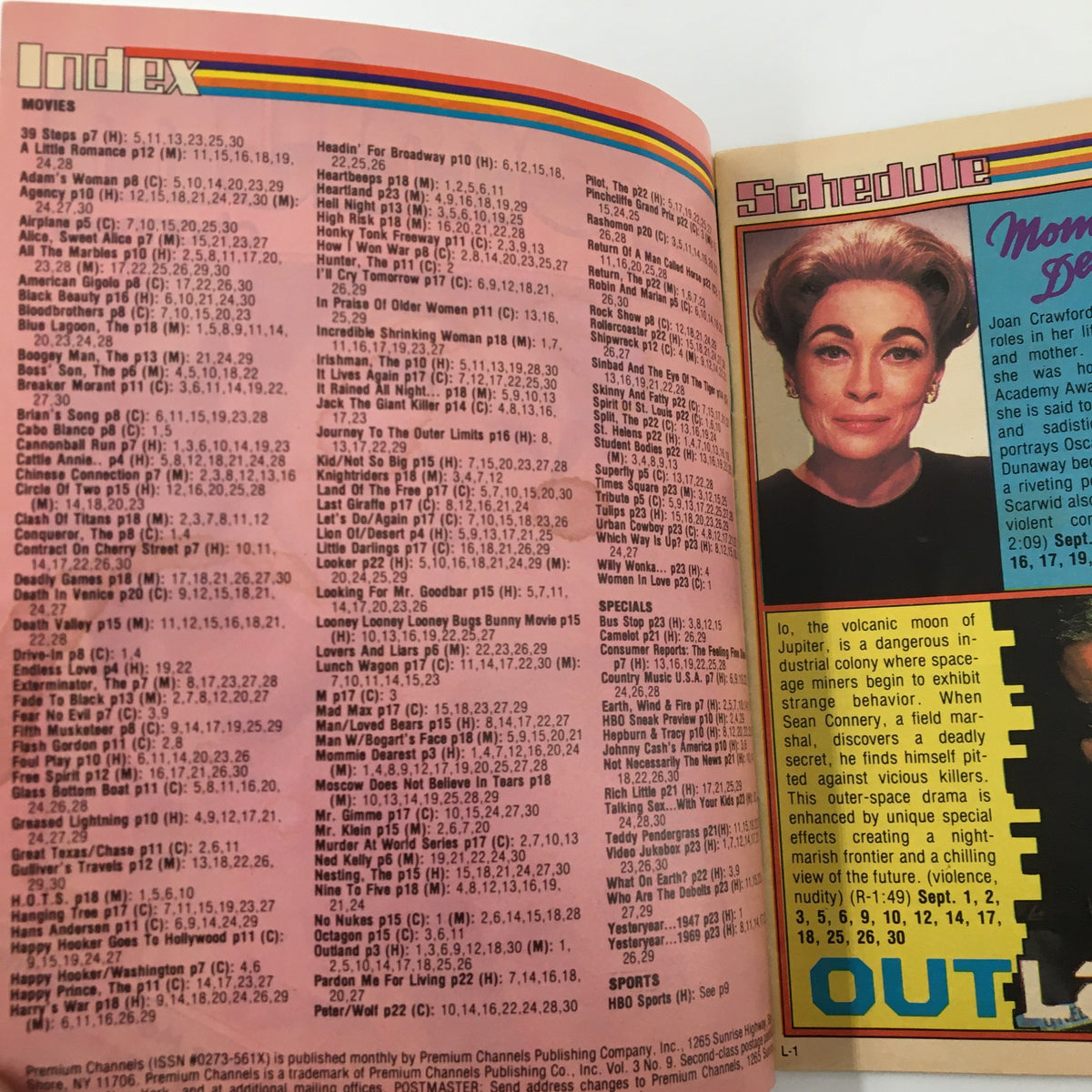 Interior page of the September 1982 issue of VTG Premium Channels Mini Magazine showcasing the index of movies and schedules, including Mommie Dearest.