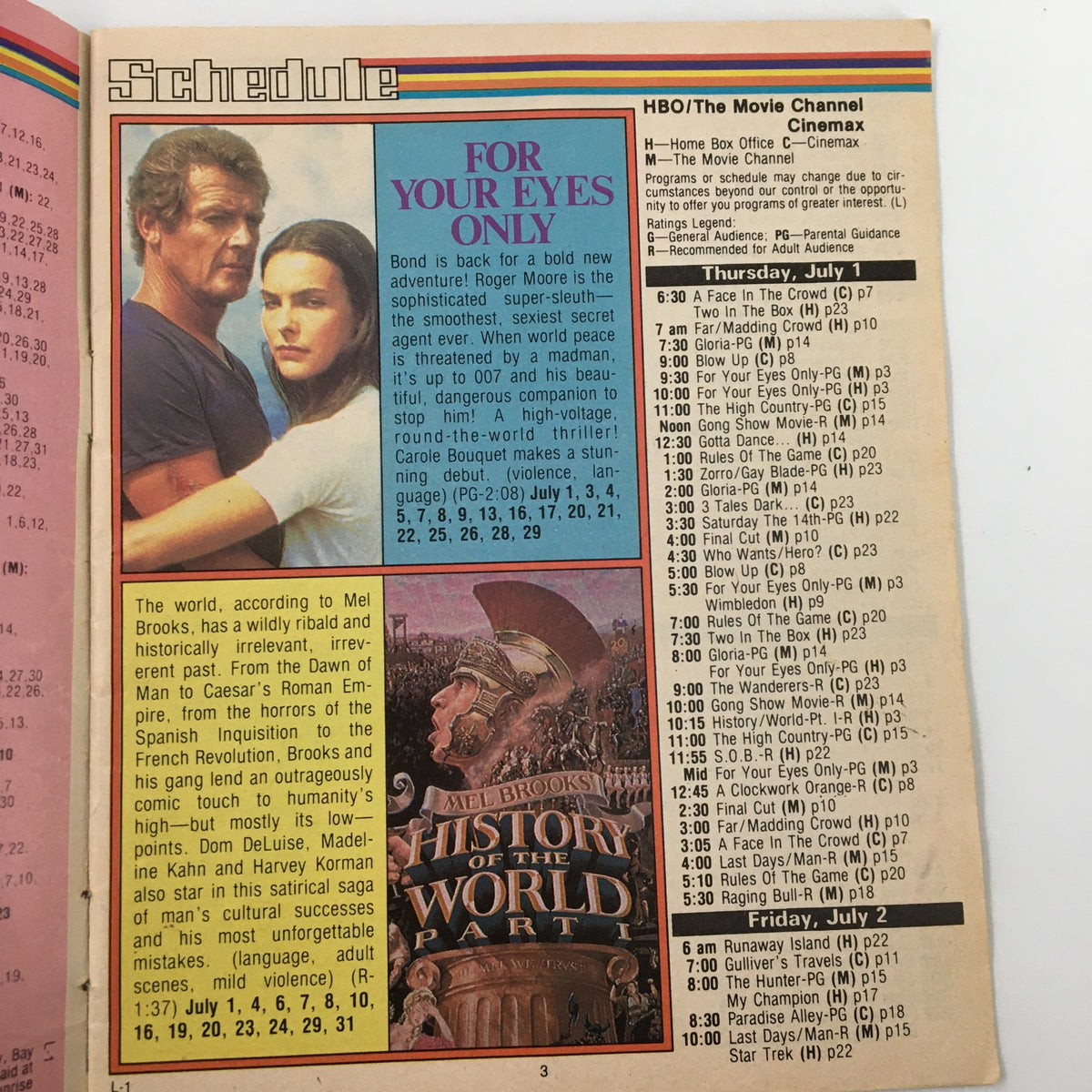 Another inside page of the VTG Premium Channels Mini Magazine July 1982, showcasing the schedule for 'FOR YOUR EYES ONLY' and additional movie listings and descriptions.