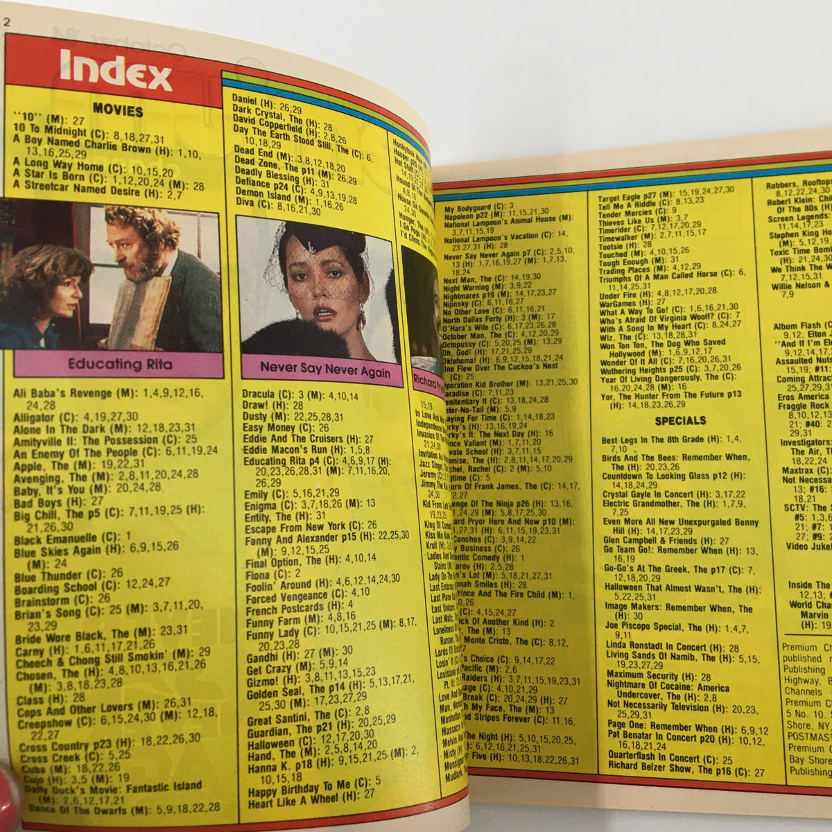 Inside spread of VTG Premium Channels Mini Magazine from October 1984 showcasing the index of movies, including 'Never Say Never Again'.