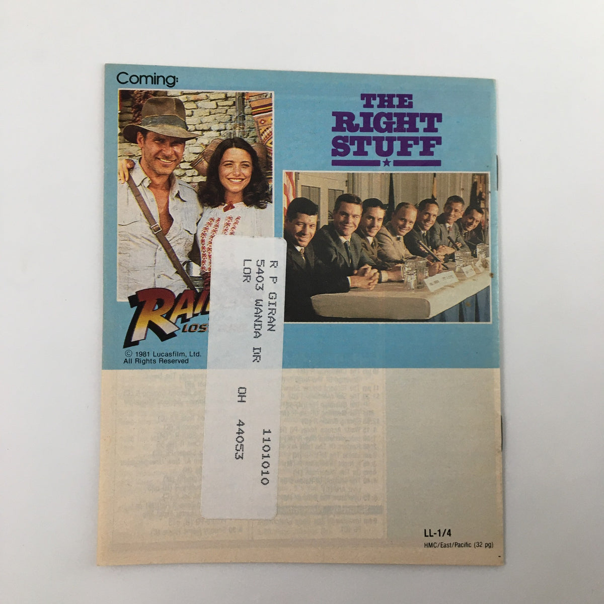 Back cover of VTG Premium Channels Mini Magazine from October 1984, featuring advertisements for upcoming films like 'Raiders of the Lost Ark' and 'The Right Stuff'.