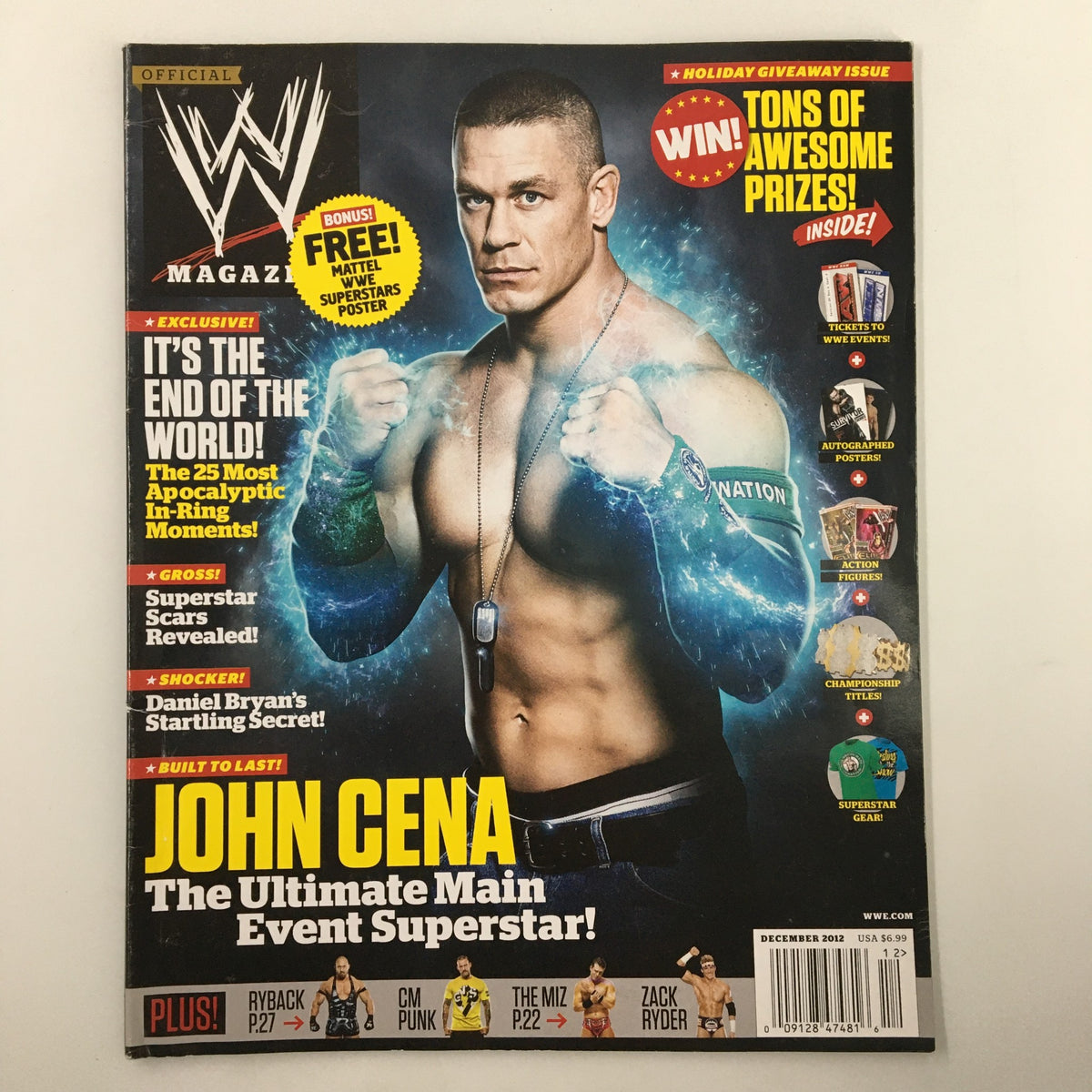 WWE Magazine December 2012 featuring John Cena on the cover, showcasing him as the ultimate main event superstar with a striking pose and vibrant design.