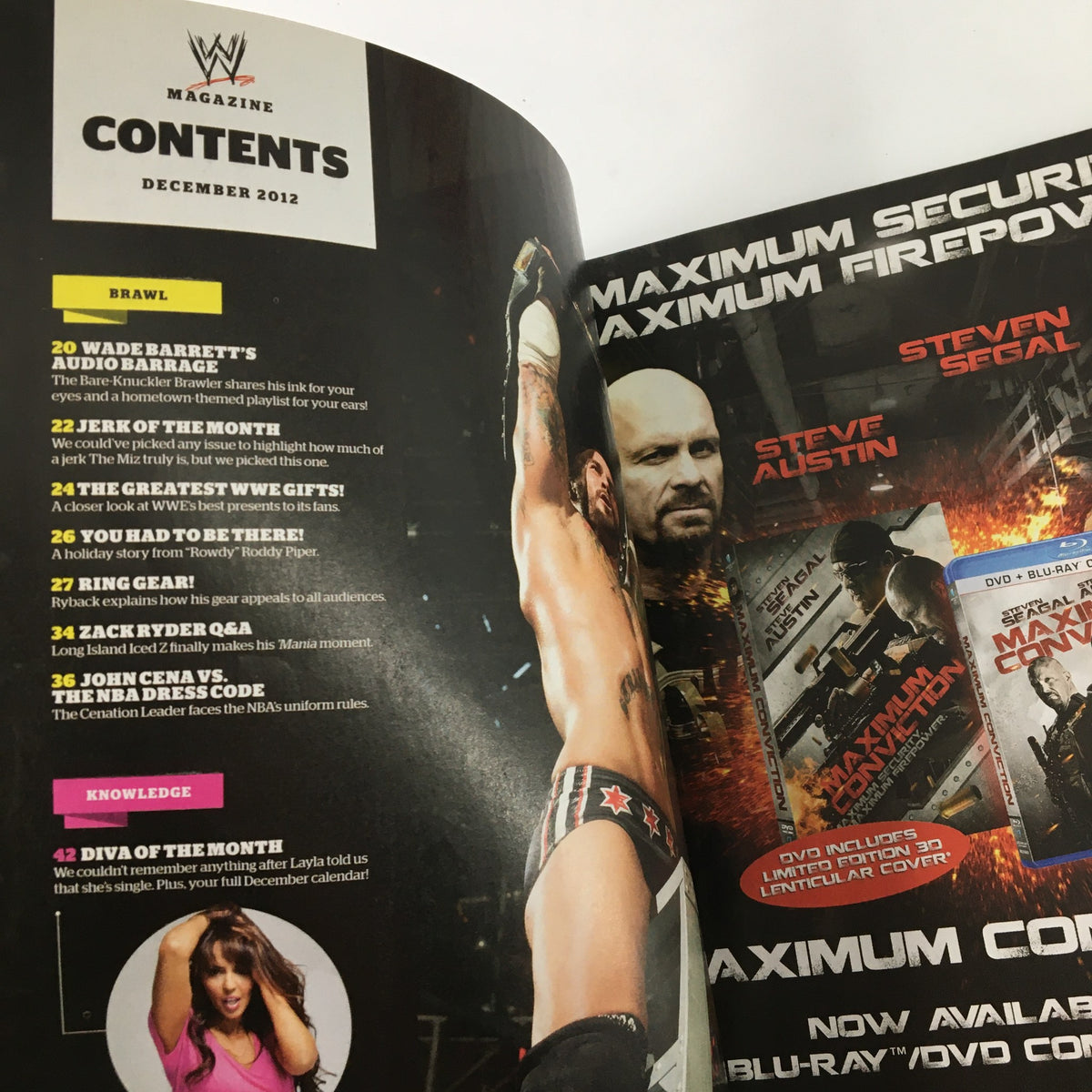 Interior page of WWE Magazine December 2012 displaying the contents section, including articles on Wade Barrett, Zack Ryder, and Daniel Bryan, highlighting the key features of this wrestling issue.