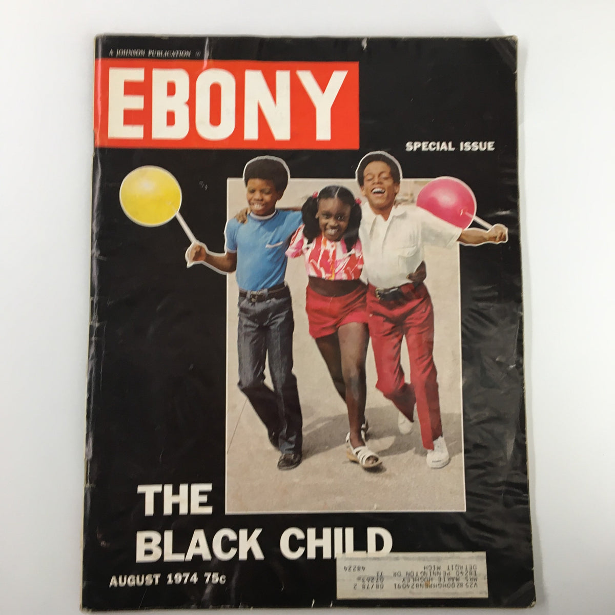 Cover of VTG Ebony Magazine August 1974 The Black Child Special Issue featuring three joyful children with balloons, highlighting the theme of childhood.