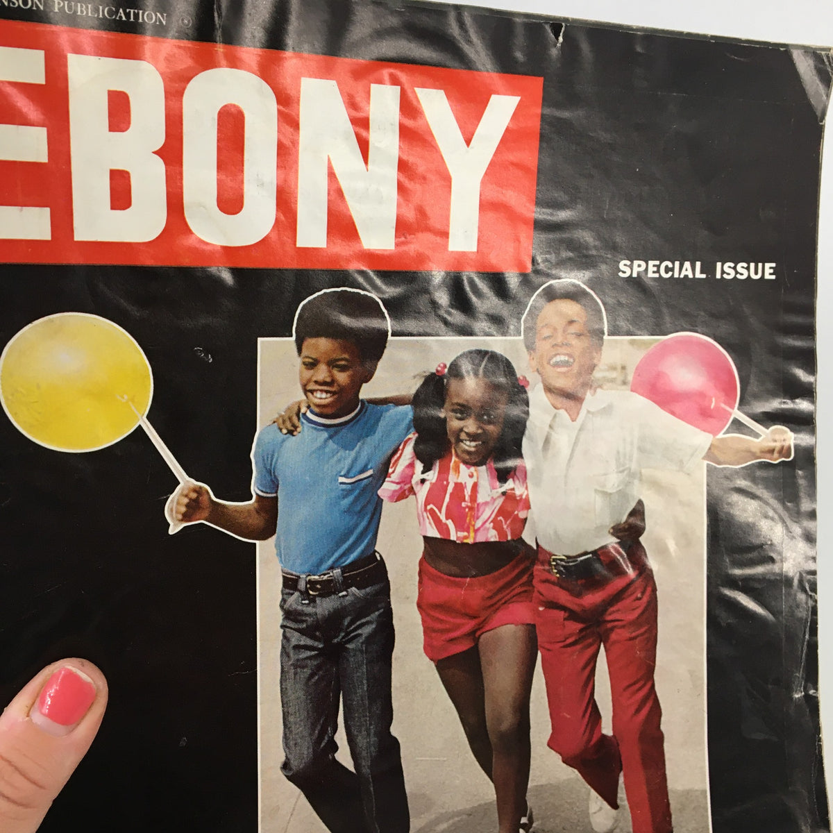 Cover of VTG Ebony Magazine August 1974 The Black Child Special Issue featuring three children holding colorful balloons and smiling.