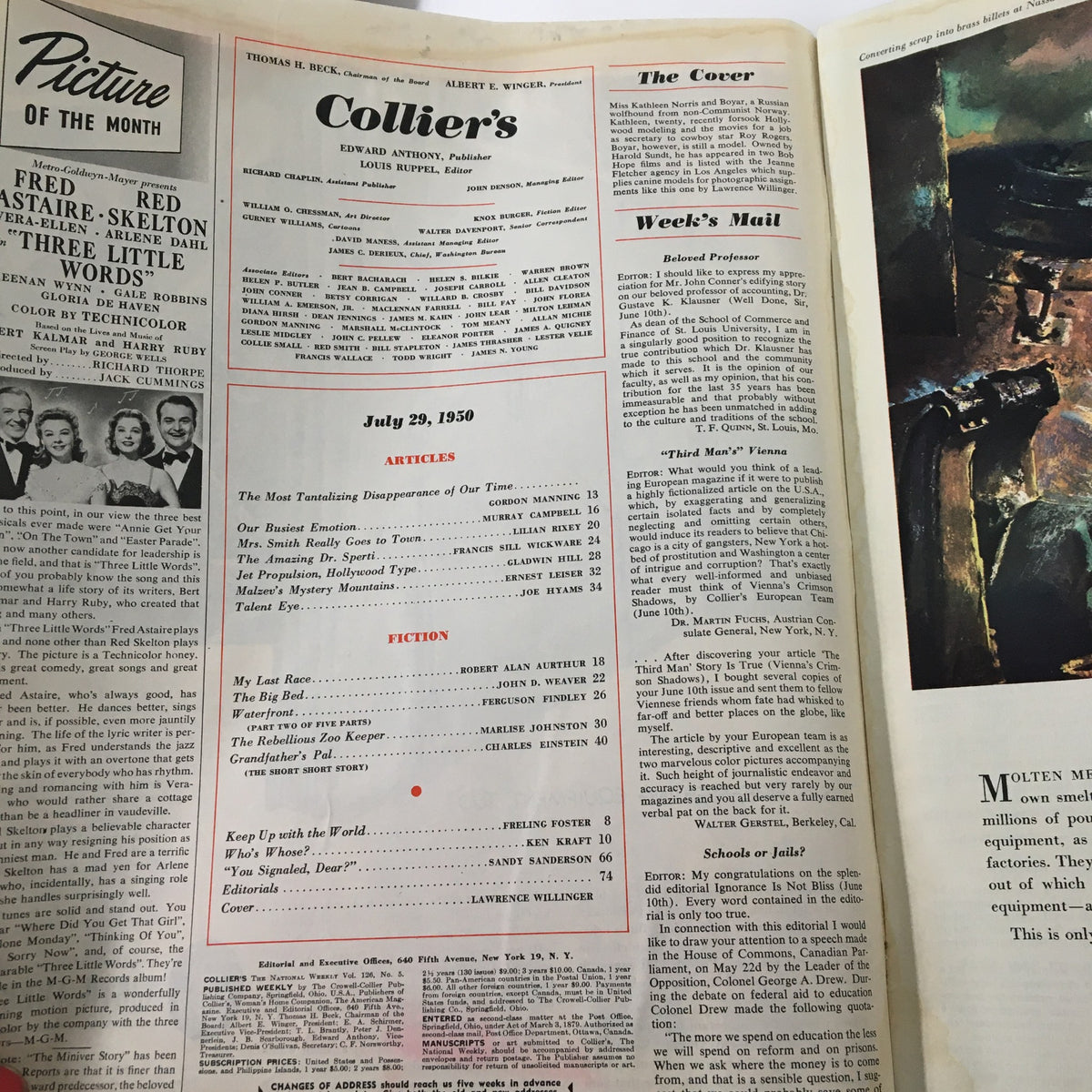 Inside page of the VTG Collier's Magazine July 29, 1950, featuring the table of contents and articles including 'The Most Tantalizing Disappearance of Our Time'.