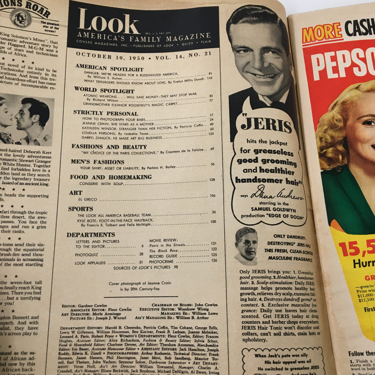 Table of contents page of the VTG Look Magazine from October 10, 1950 showing various sections including American Spotlight and Fashions and Beauty, capturing the publication's structure.