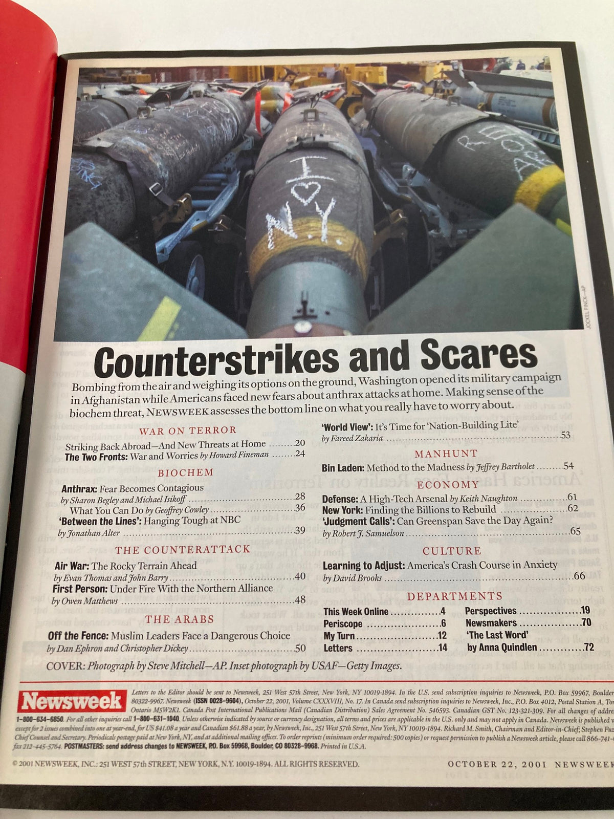 Inside page of Newsweek Magazine October 22, 2001 detailing 'Counterstrikes and Scares' with an image of military equipment, highlighting the anxiety surrounding terrorism and security.