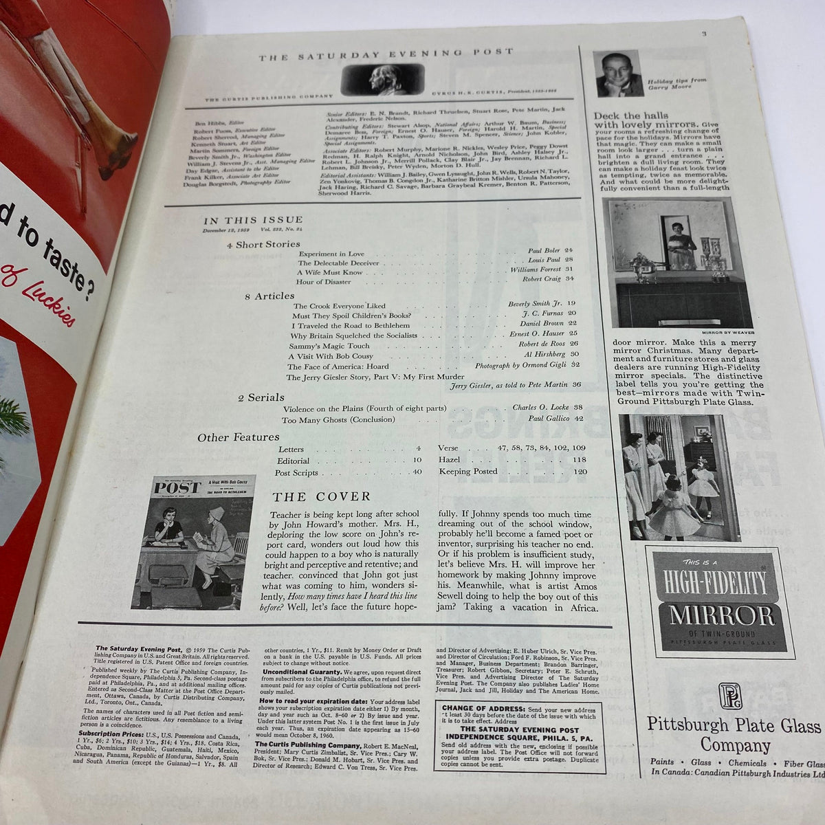 Interior page of the Saturday Evening Post Magazine from December 12, 1959 featuring articles and a visual overview of the issue, showcasing a glimpse of history and nostalgia.