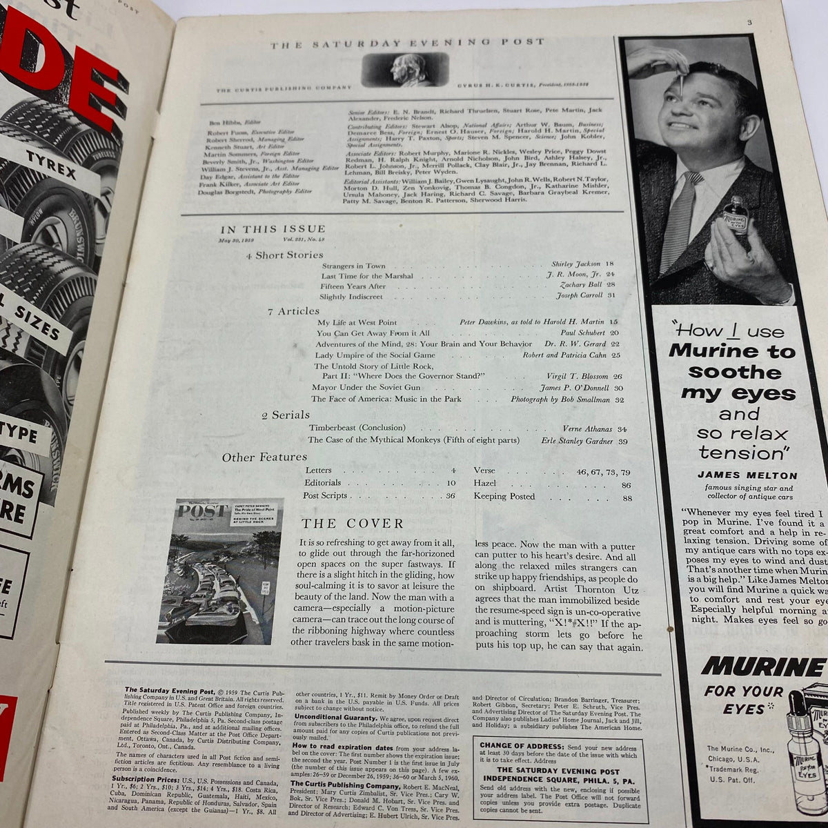 Inside page of Saturday Evening Post Magazine May 30 1959 featuring the table of contents and details about articles including historical insights.