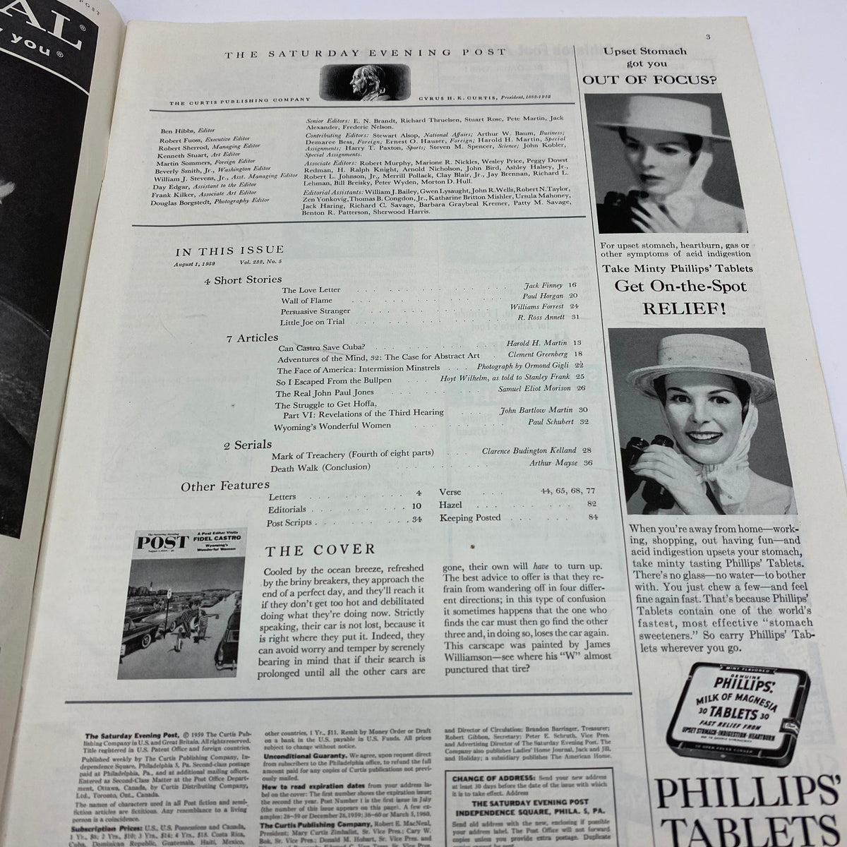 Interior page of Saturday Evening Post Magazine August 1 1959 displaying the table of contents, with article titles and features from the issue, highlighting Americana and retro design.