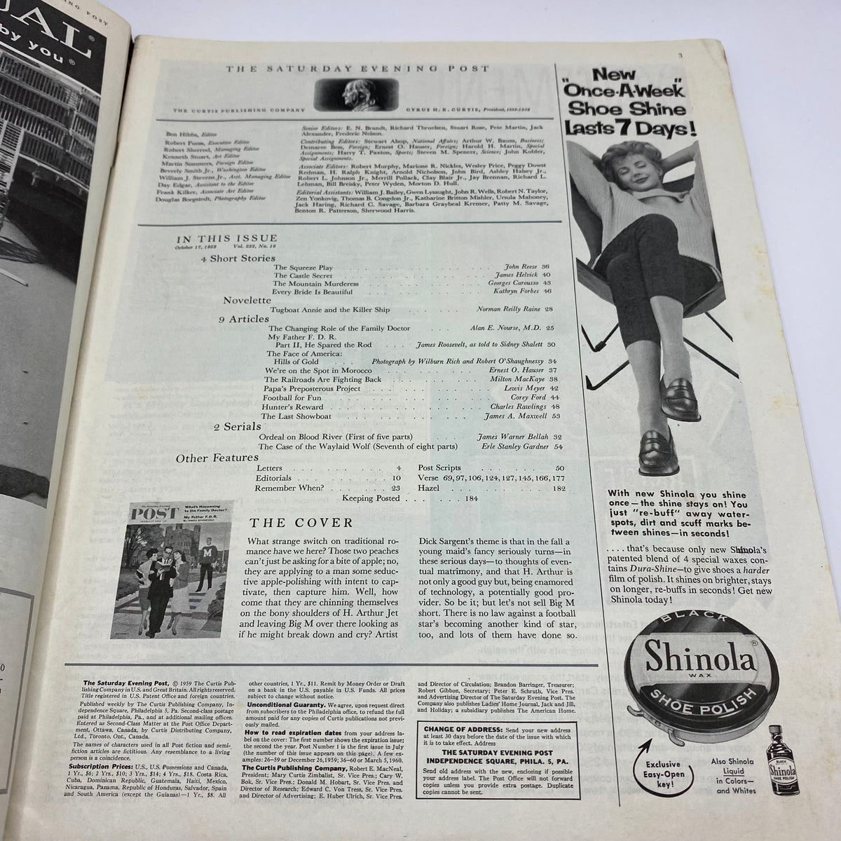 Inside page of the Saturday Evening Post Magazine from October 17, 1959 displaying the table of contents and editorial information, showcasing various articles including 'My Father F.D.R.' by James Roosevelt.