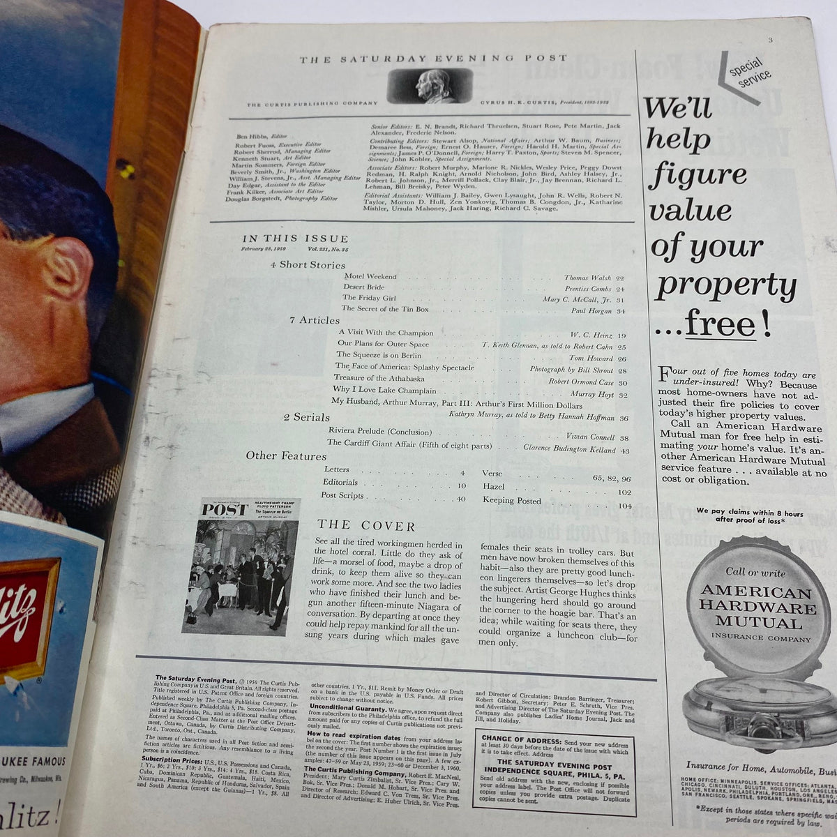 Inside page of Saturday Evening Post Magazine February 28, 1959, showcasing the table of contents and various features including articles and short stories.