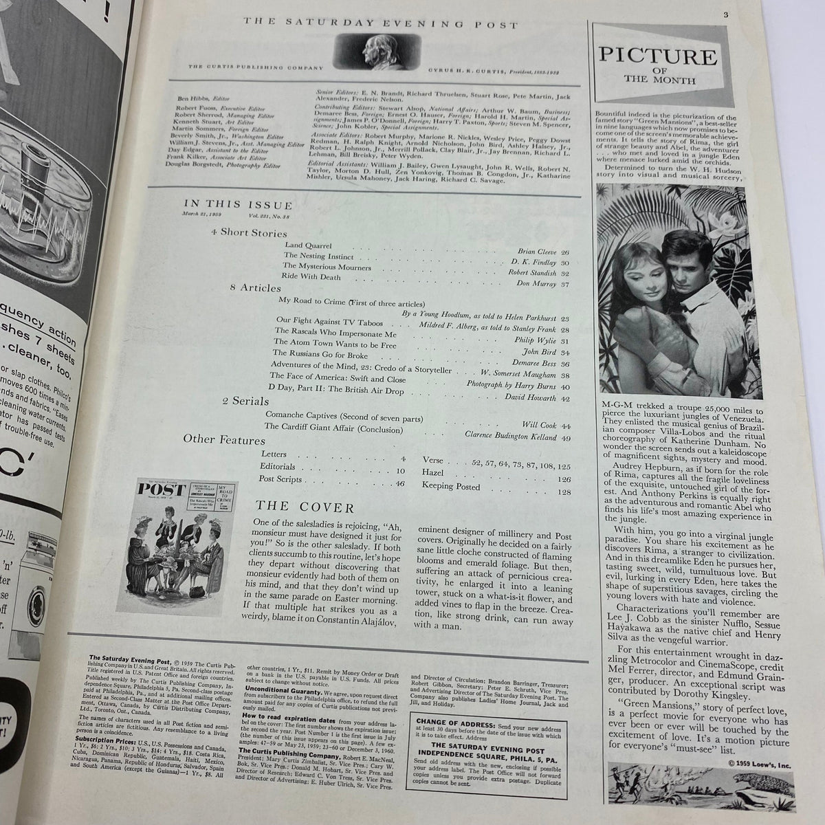 Inside page of the Saturday Evening Post Magazine March 21 1959 detailing articles and stories, including a feature on the cover illustration by Alajalov, offering a glimpse into 1950s literature and culture.