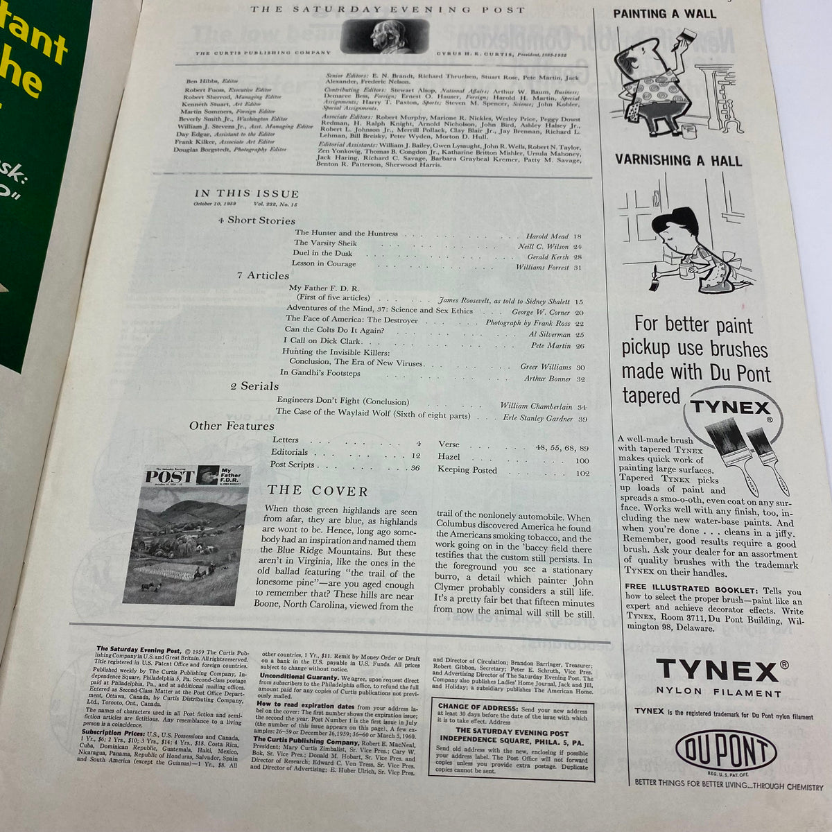 Contents page of the Saturday Evening Post Magazine, October 10, 1959, listing articles including 'My Father F.D.R.' and additional features.