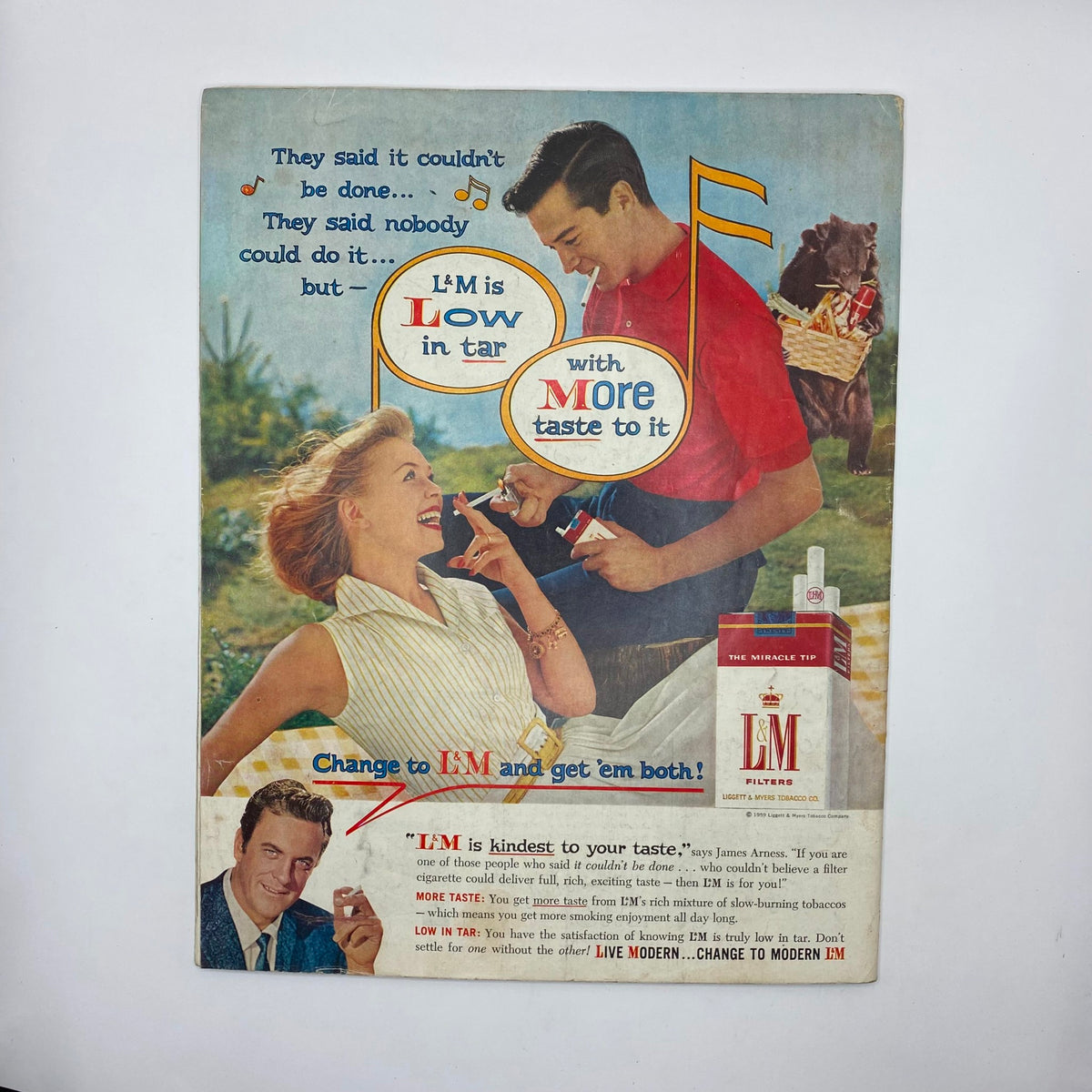 Advertisement page from the Saturday Evening Post Magazine, October 10, 1959, promoting L&M cigarettes with colorful visuals and taglines.