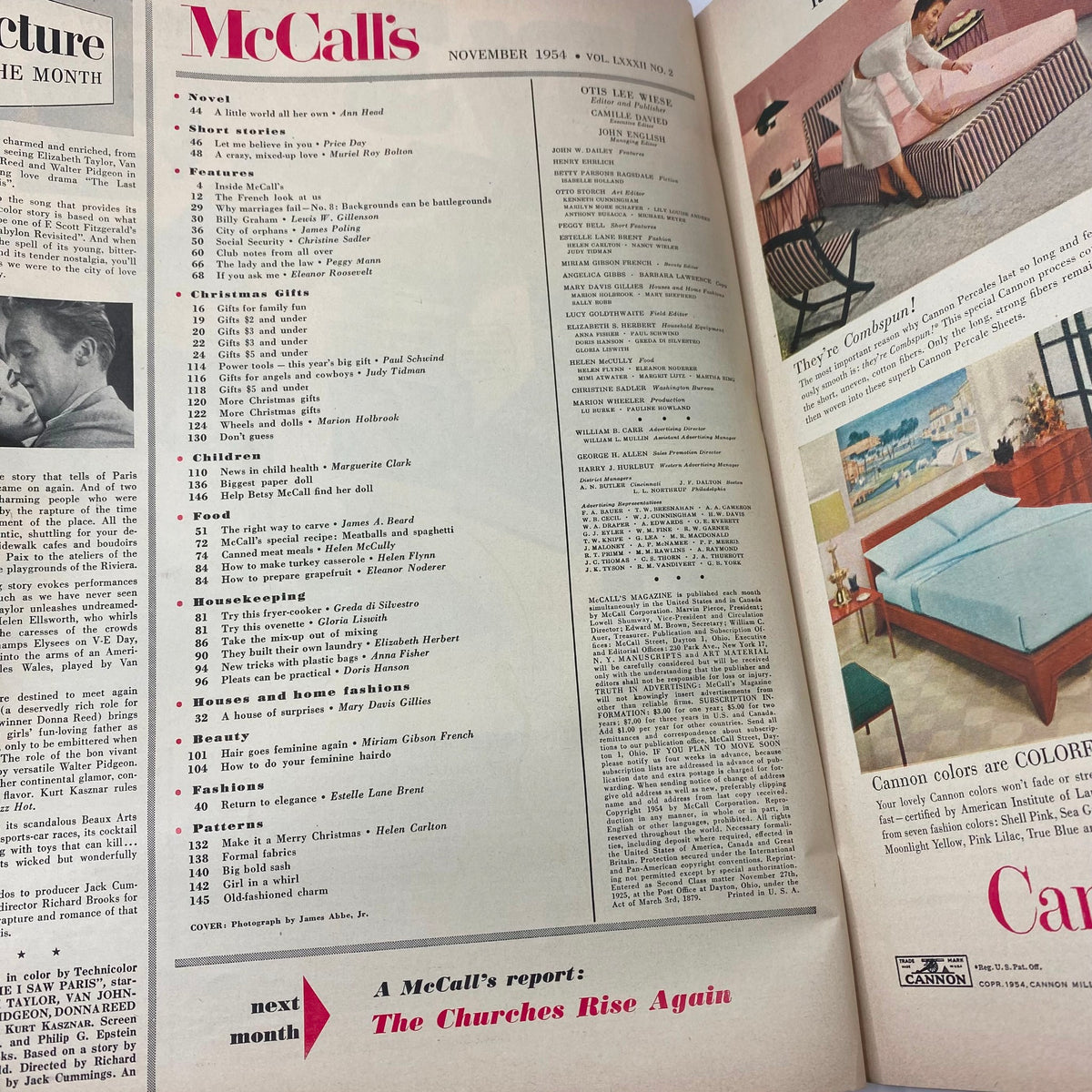 Table of contents page from VTG McCall's Magazine November 1954, displaying various articles and features alongside illustrations.