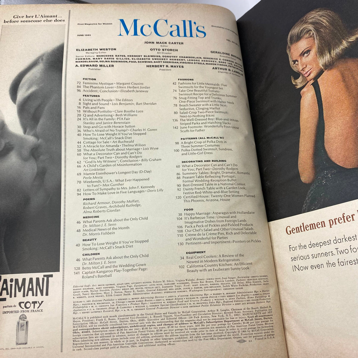 Inside page of VTG McCall's Magazine June 1964 listing content including features on letters to Jacqueline Kennedy and various lifestyle articles.