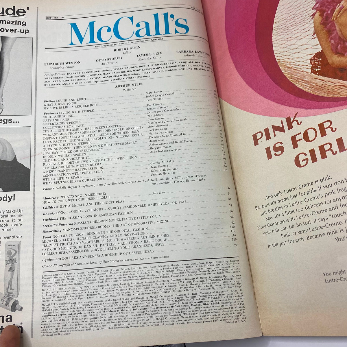 Inside page of the October 1967 VTG McCall's Magazine featuring the table of contents and a vibrant design, highlighting fashion and lifestyle articles.