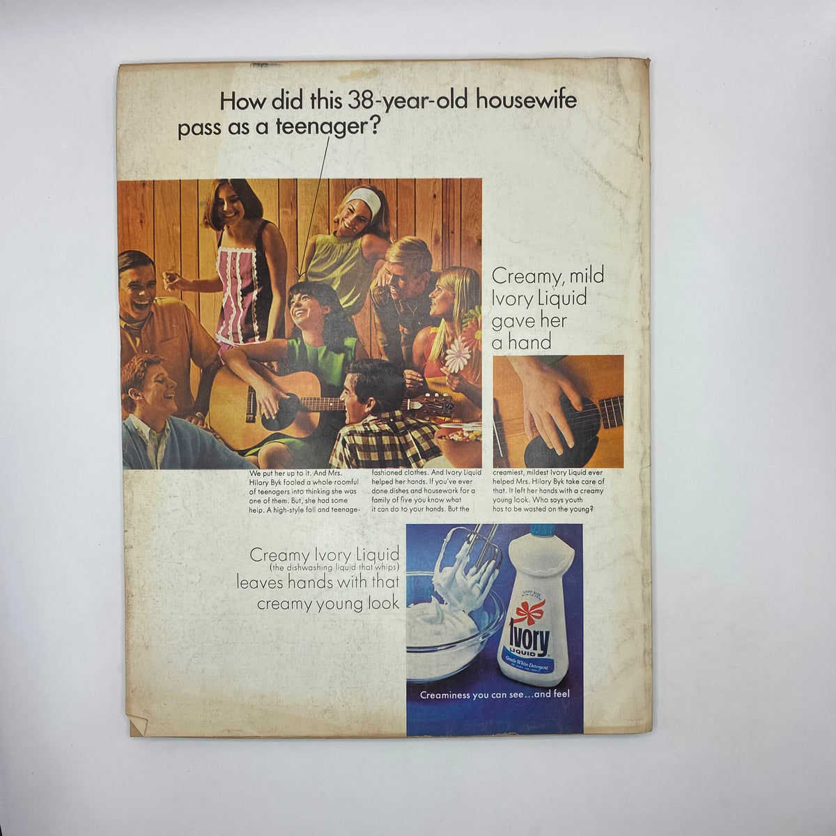 Vintage advertisement page from VTG McCall's Magazine November 1967 featuring a group of young adults enjoying a social gathering, promoting creamy Ivory Liquid with a nostalgic theme of youthful beauty.