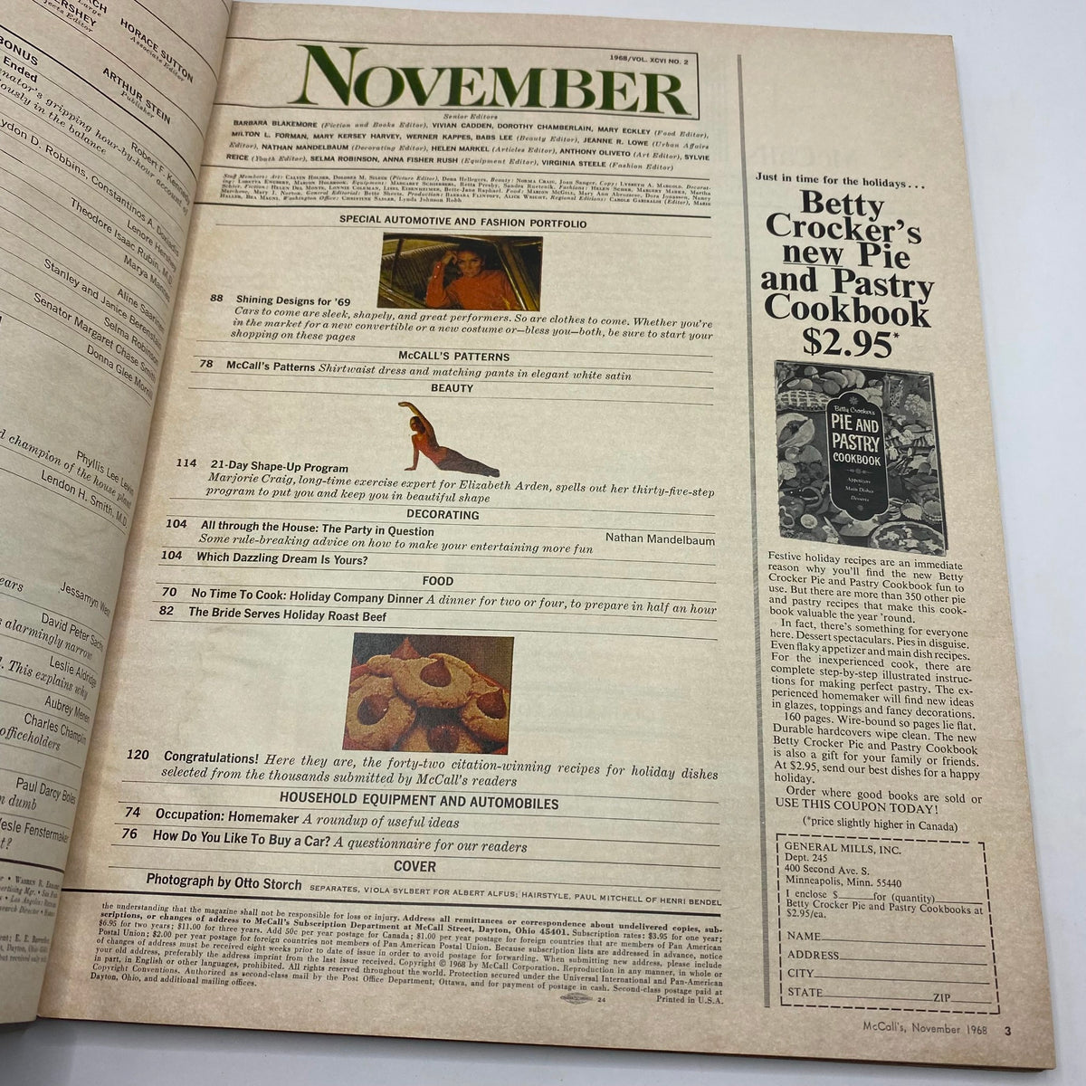 Inside page from VTG McCall's Magazine November 1968 showing contents and features, including articles on fashion, food, and holiday recipes.